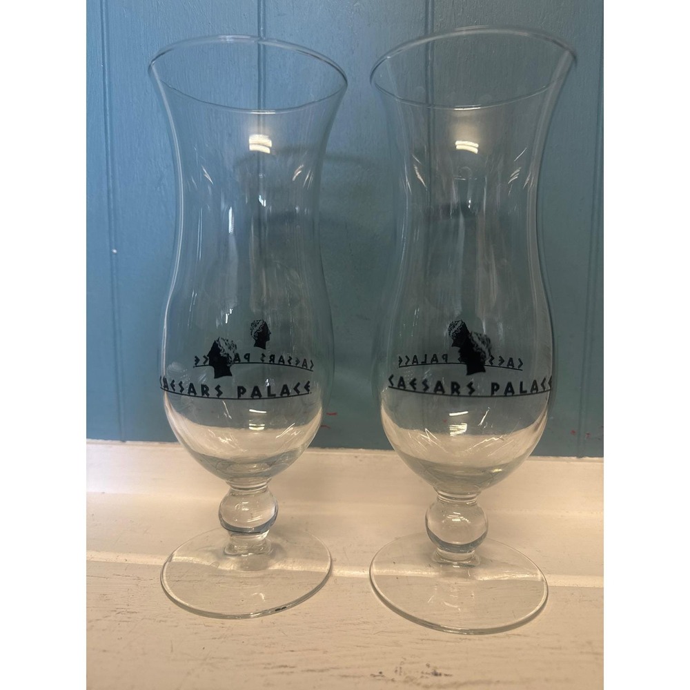 Vintage Caesars Palace Las Vegas Hurricane Glasses Set of‎ 2 Clear Black Logo